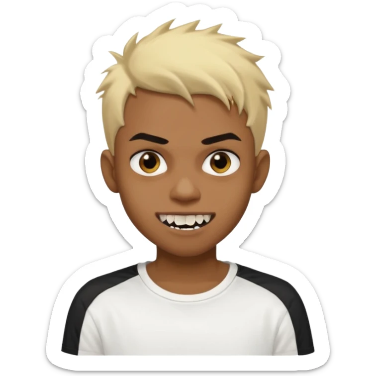 Black Male Teenager with Short punk messy blonde hair, Dark brown bushy eyebrows large expressive golden-brown eyes, wearing a plain white t-shirt, Dark Brown skin color. vampire tooth sticker