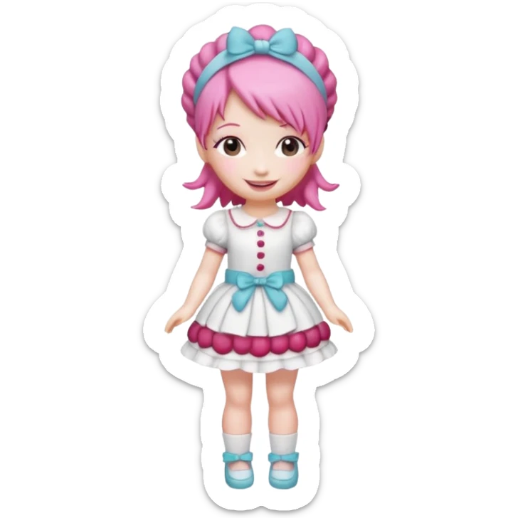 Isolated detaile illustration of the most modern raspberry torte doll figurine full body with pink hair and a hairband sticker