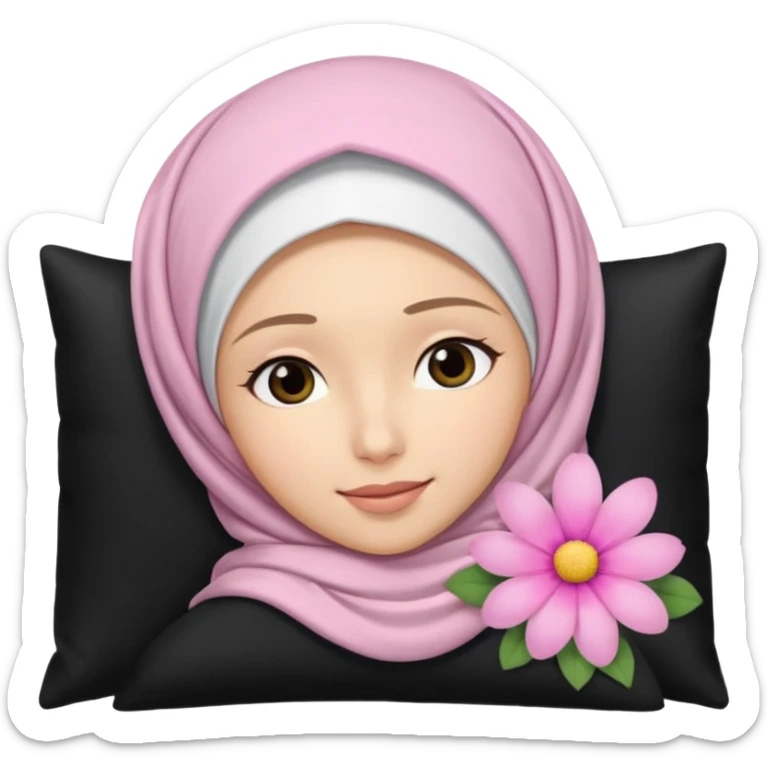 The image is a close-up selfie of a young woman wearing a white hijab. She is lying on her back with her head resting on a black pillow. She has a pink flower in her hair and is looking directly at the camera with a slight smile on her face sticker