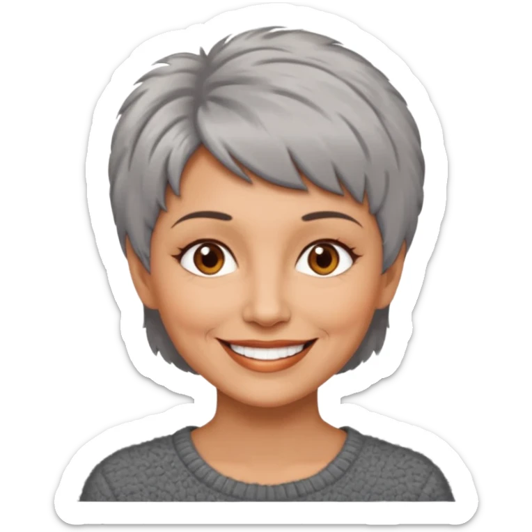 woman 50 years old, short grey fluffy cut hair, tannes skin and brown eyes sticker