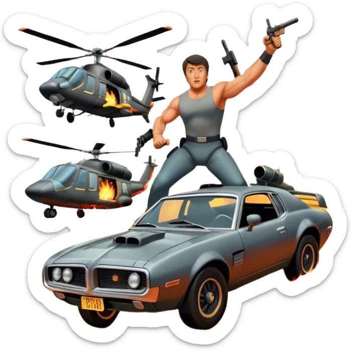 Icon for Action Movie: A vintage movie poster-style design featuring intense action scenes with explosions, weapons, and dramatic poses of Stallone. Include cars and helicopters flying out of flames in the background. Bold typography and retro cinematic style. Transparent background. sticker