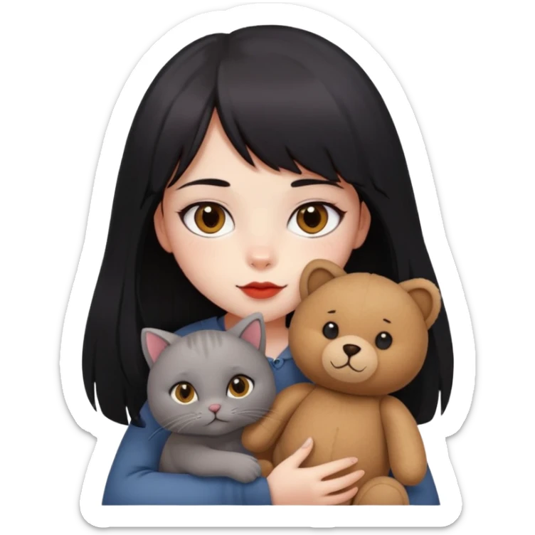 girl,drak eyes, red cheeks, black long hair with a straight bang, white face, holding a British gray cat and a brown teddy bear sticker