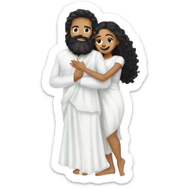 Light skin;Black long hair girl  in a white saree hugging with a man with black beard and curly hair on top sticker