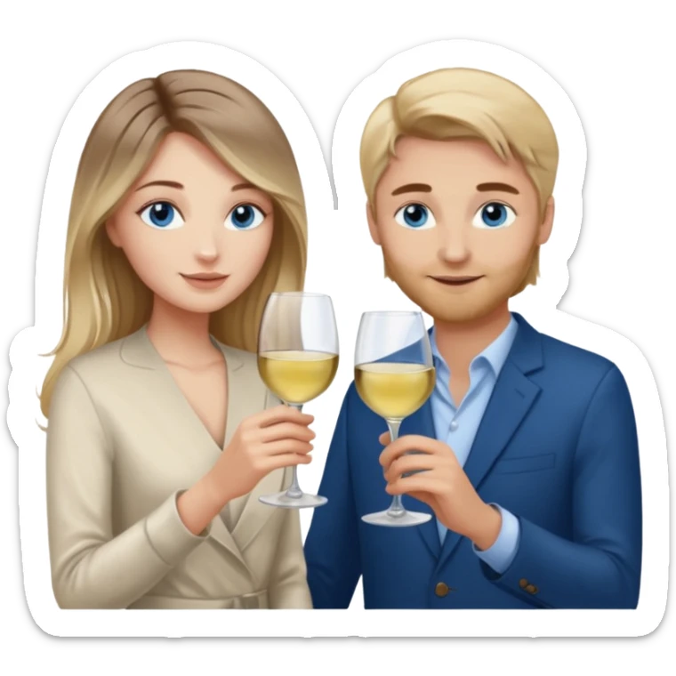 A woman with blue eyes and long balayage brown blond hair and a man with blue eyes and light brown hair, they toast to each other with a glass of white wine.  sticker