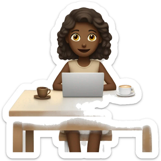A girl at a table with a laptop. A a cup of coffee on the left side of the table. Books on the right side of the table. in beige tones sticker