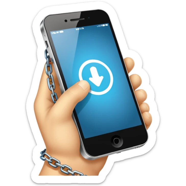a mobile and hand stick with a chain, as if the hand is chained of mobile addiction  sticker