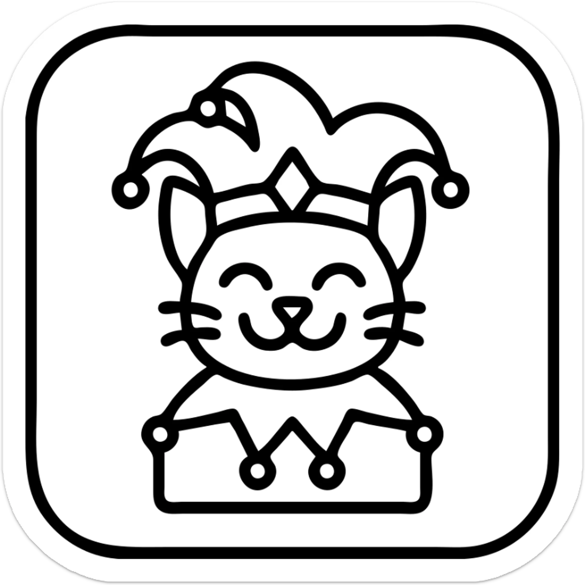 crazy cute little cat jolly joker from poker, medieval, vintage, court jester, mac os icon, purple, gold and red color, head + torso. Squared shape as 3D mac os system icon, symmetrical sticker