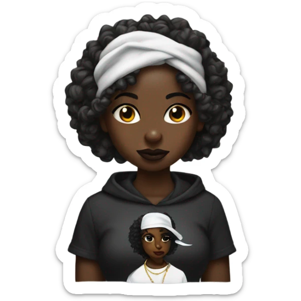 Darkskin girl with curly hair and a tupac shirt sticker