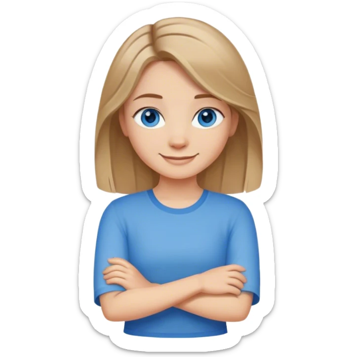 Fille de 3/4 blonde foncé cheveux mis long aux yeux bleus souriante qui croise les bras sûr d'elle sticker