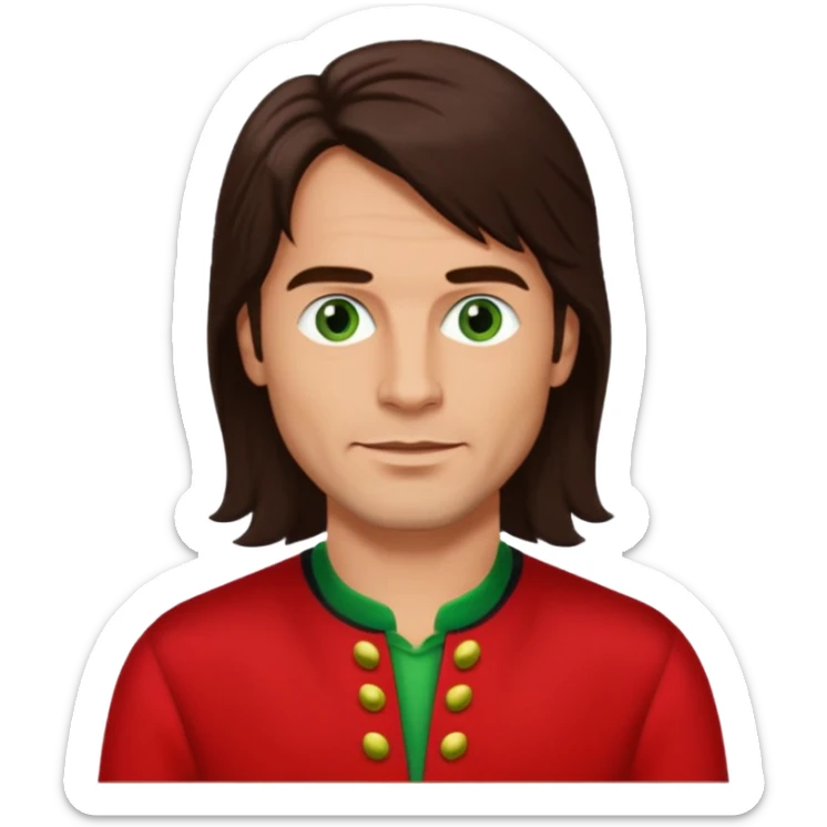 Robert Pilatus, German Singer (1964-1998) with tan skin, long dark brown hair, green eyes, red outfit sticker