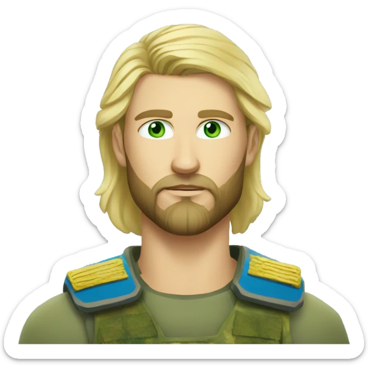 ukrainian military blonde man with a beard with green eyes with blue viking paint on the face  sticker