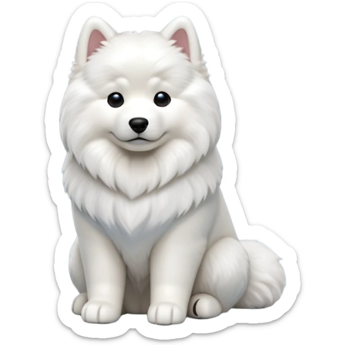 cinematic-[samoyed]-realistic-full-body-sitting-emoji,-tail-resting-loosely-beside-its-paws,-head-tilted-dramatically, -fluffy-[white]-fur,-simplified-yet-realistic-focused-features,-highly-detailed,-glowing-with-an-almost-sarcastic-glow sticker