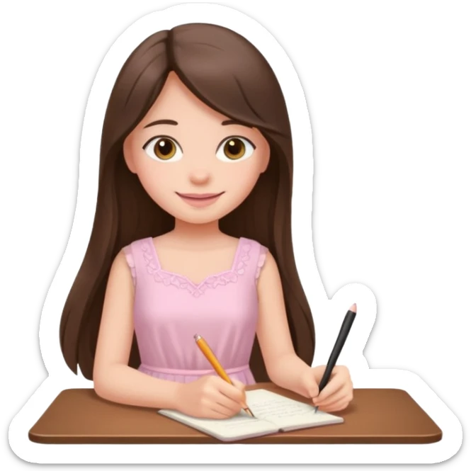 pretty smiling long brunette hair girl with hazel eyes wearing light pink dress writing sticker