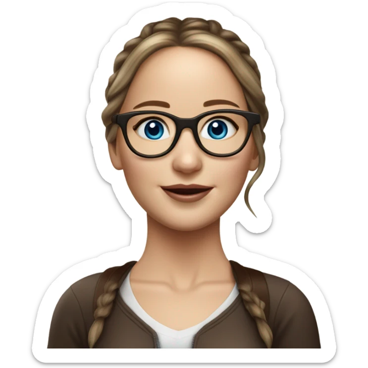 Hyper real Jennifer Lawrence with blue eyes glasses and chocolate hair in ponytail  sticker
