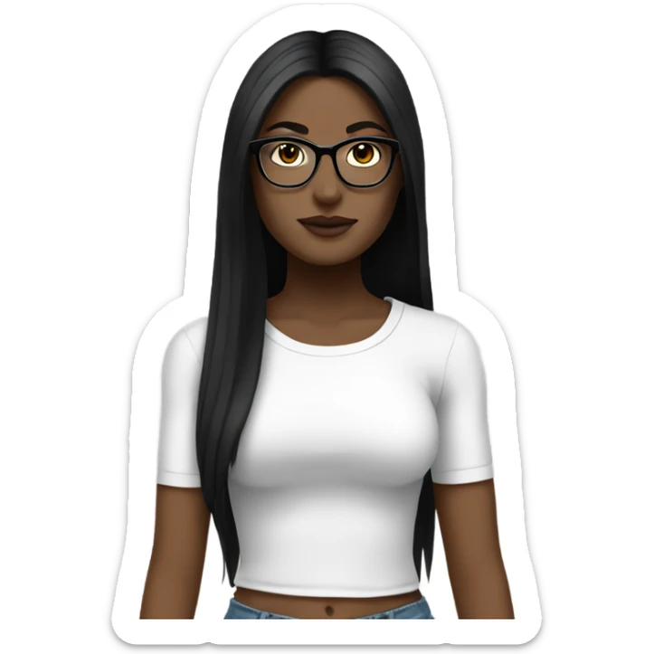 White girl with long straight black hair wearing a white crop top and glasses full body sticker