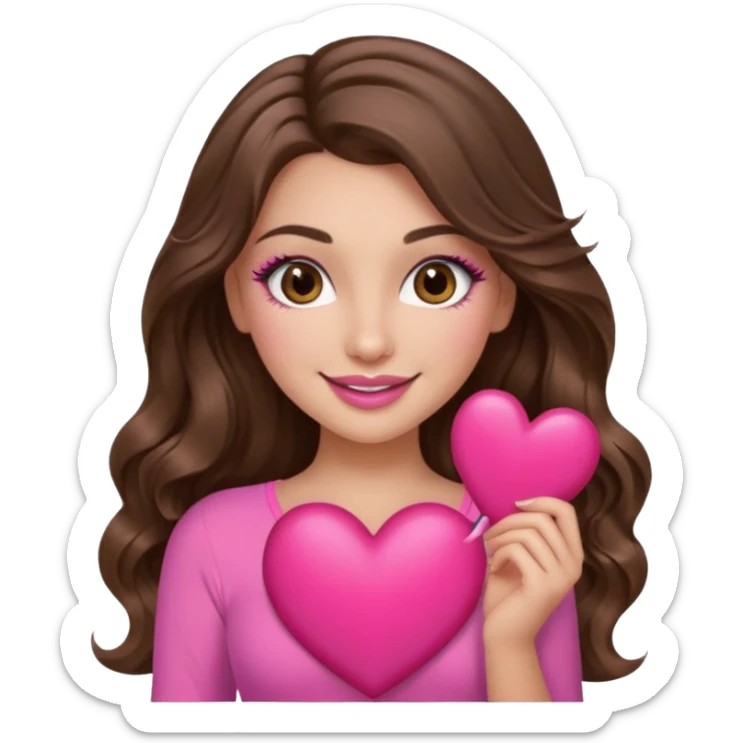 girl with long wavy brown hair, brown eyes, long lashes makeup, sexy pink lips, light to medium complexion, wearing a pink sexy top, smiling, holding a big heart sticker