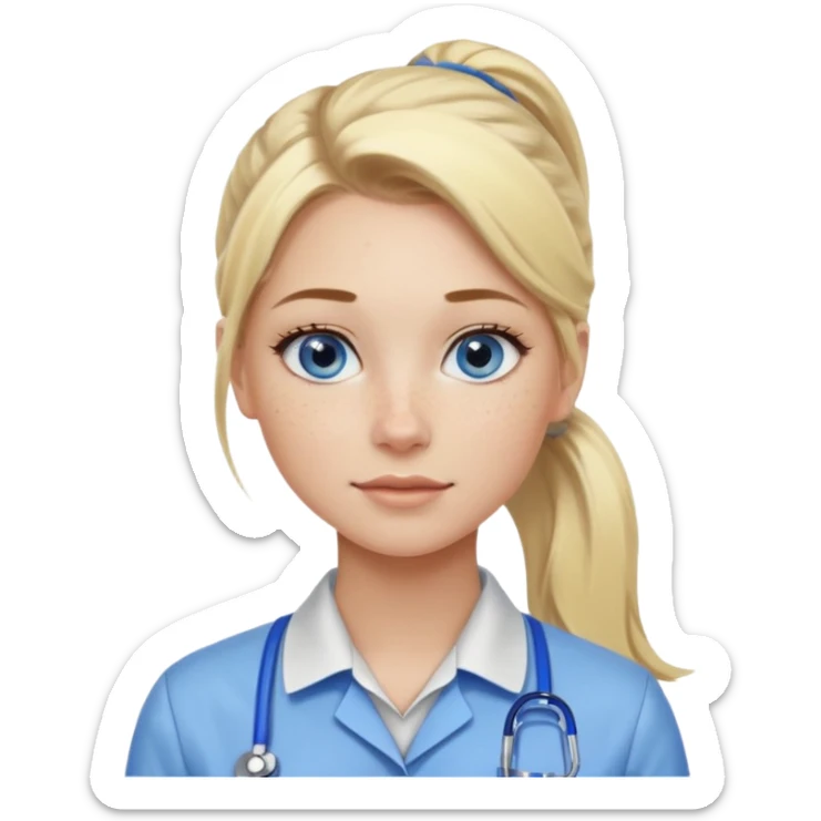 Just a head, blonde hair with lowlights in a ponytail, blue eyes, some freckles, a little older female ready to get some tasks done at work sticker