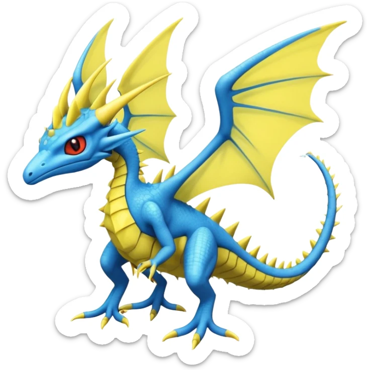 edgy cool badass spiky blue and yellow Winged Helioptile-Amaura-Flygon-Fakémon-hybrid-creature (full body)  sticker