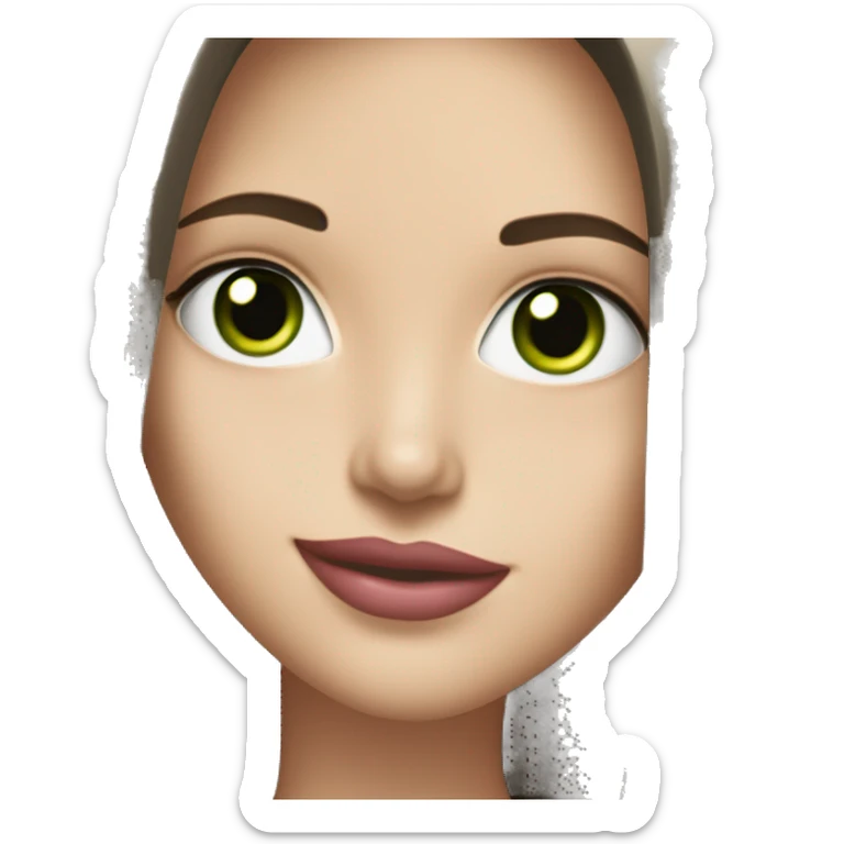 Brunette bombshell supermodel girl with long straight hair, pale skin, pink lips and green eyes, smiling sticker