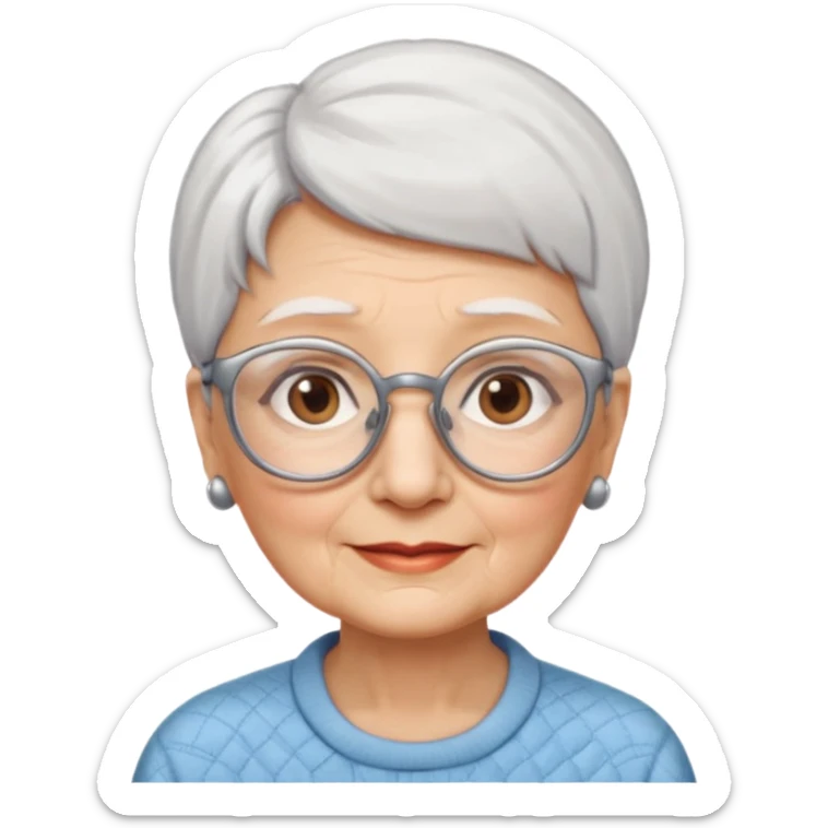 Create me emoji of an old lady. Short white hair to left side. Square glasses. Brown eyes. Rounded bigger face. Wide nose sticker