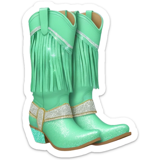 Realistic mint green fashion cowgirl boots with sparkly shiny glitter fringe on them. sticker