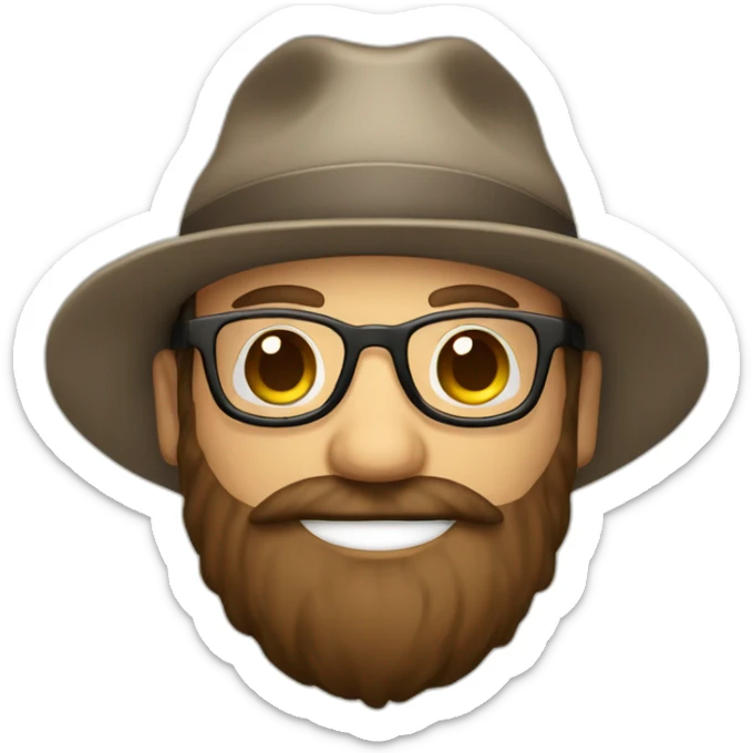 happy smile gardener face long dark beard and bald dark hair round glasses brown eyes and a hat sticker