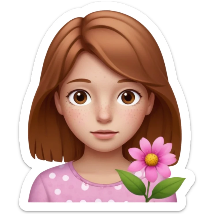 Girl with With light brown hair and a summer pink flower on her head and freckles sticker