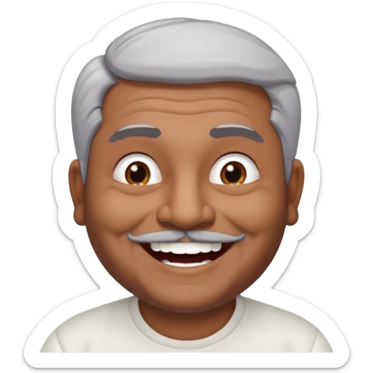 50 yr old indian man, dark skin, grey hair, big smile, white teeth, chubby, no moustach sticker