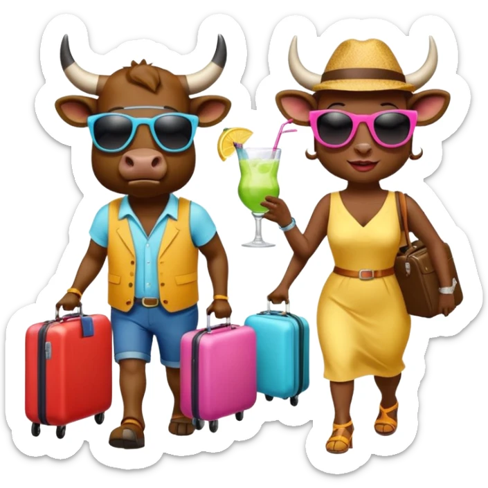 generate an emoji of a group of up to 8 male and female bulls travelling together on holidays. One bull has a suitcase, one has sunglasses, one is carrying a cocktail. They're all in motion, walking together. Make the characters look like bulls. They wear summer clothes sticker