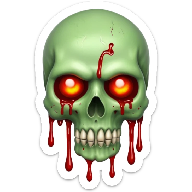 Green skull with blood and glowing eyes in the style of your bleeding skull art sticker