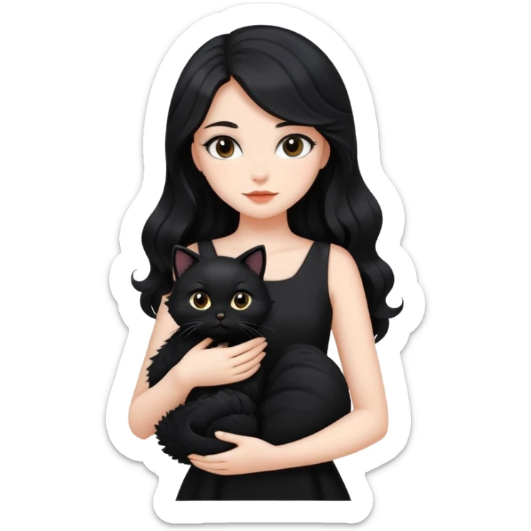 a beautiful girl with long black hair and black furry cat. She is wearing a black dress and has wave-like hair sticker