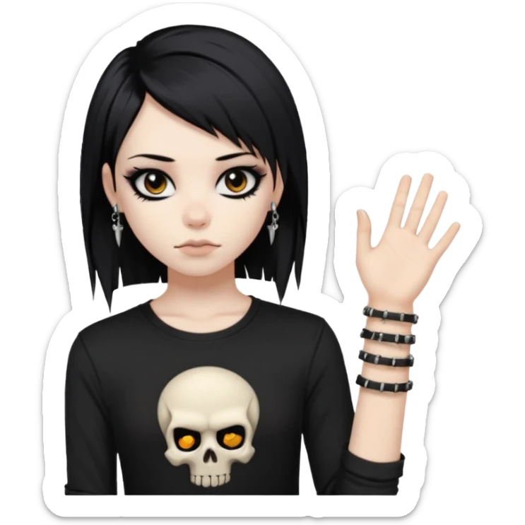 vkei styled black hair, pale skin, brown eyes with eyeliner (emo looking) and black shirt with skull and punk bracelets sticker