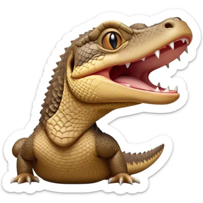 Cinematic Realistic Cute Yawning Monitor Lizard Portrait Emoji, Head tilted slightly with a dramatic, wide-open yawn, showcasing a soft, textured scaled hide with subtly drooping features and half-closed, drowsy eyes, rendered with meticulous natural detail and warm shadows, high shine, relaxed yet expressive, styled with a dash of desert charm, soft glowing outline, capturing the essence of a sleepy yet affectionate monitor lizard that appears ready to stretch out for a restful nap! sticker