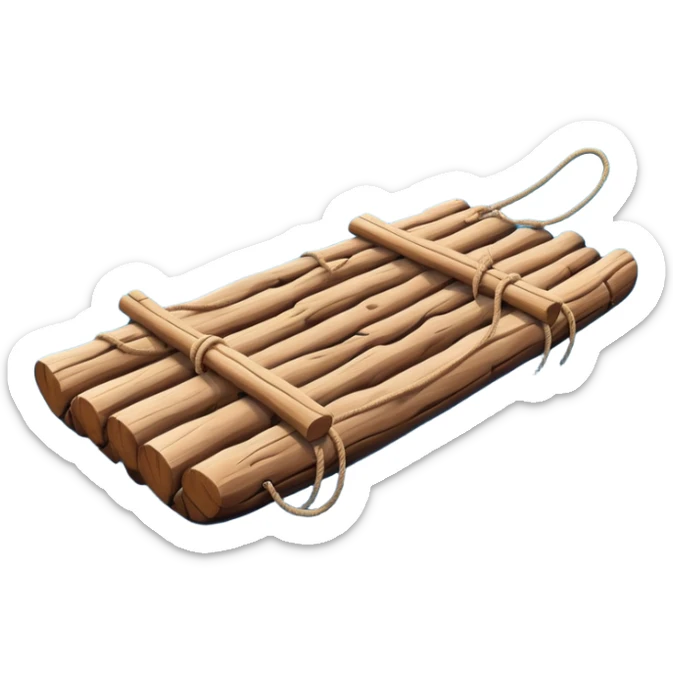 showing a simple wooden raft floating on calm blue water — made of several brown logs tied together with rope — gentle ripples around it — bright, cheerful lighting and soft shadows — minimalist, clean emoji design sticker