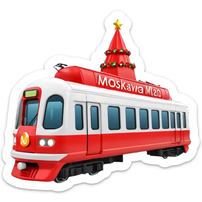 Apple iOS style 3D emoji of a
Moscow Metro train (modern
"Moskva-2020" model) decorated for
New Year. The train has a large red Santa hat on its front and is wrapped in glowing LED garlands. A bright iconic red letter
"M" logo is positioned next to it. Smooth glossy plastic, soft 3D render,  sticker