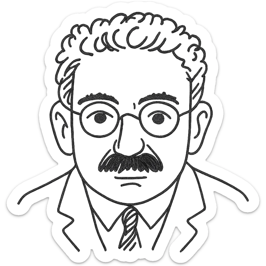 a hand drawn black outline portrait of Walter Benjamin with similar size eyes based a famous photograph of him sticker