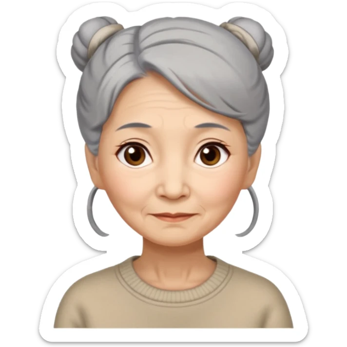 Elderly Chinese woman with gray hair tied in a bun, brown eyes with wise expression lines, beige sweater sticker