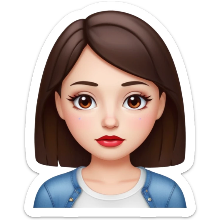 “Emoji brunette girl white top, dewy skin, heavy blush across cheeks and nose bridge, glossy cherry lips, soft eyeliner, teary sparkling eyes like hanni from new jeans sticker