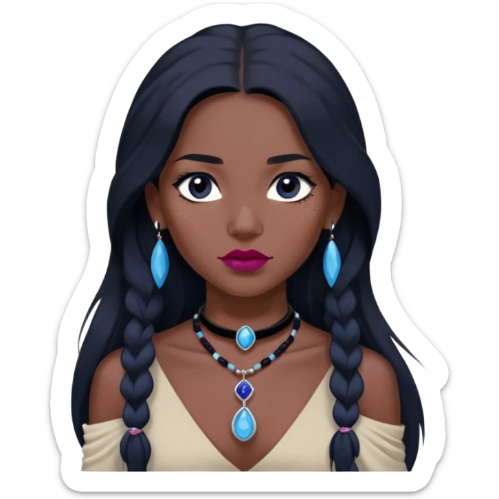 woman katara native american dark skin freckles dark black long hair reddish pink lipstick choker necklace with sapphire pendant sticker