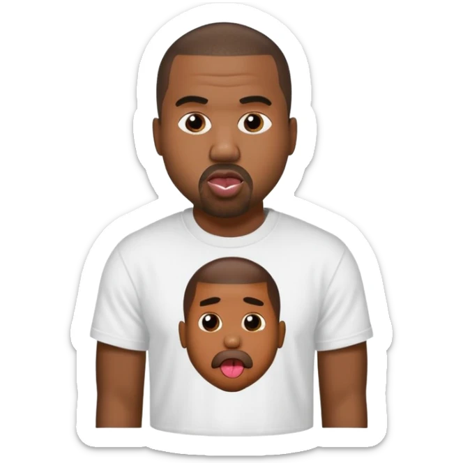 Kanye West with his tongue out, wearing a t-shirt that says 'I love my cousin' sticker