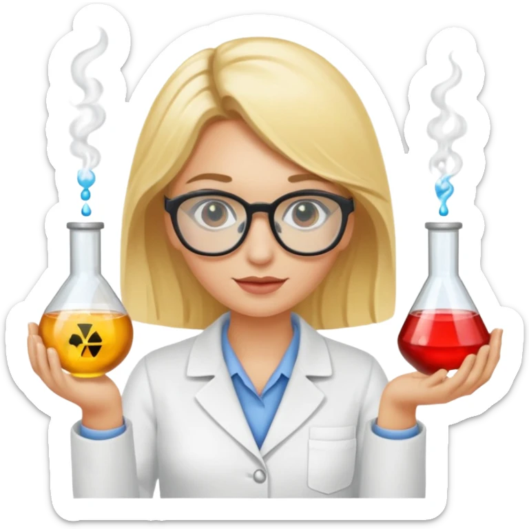 Eine hellblonde Chemikerin mit typischem Erlmeyerkoblben in der Hand und Chemiebrille auf sticker
