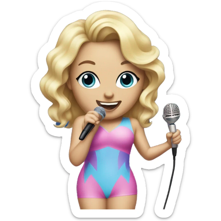 Blonde, caucasian singer wearing a pink and blue bodysuit and holding a microphone sticker