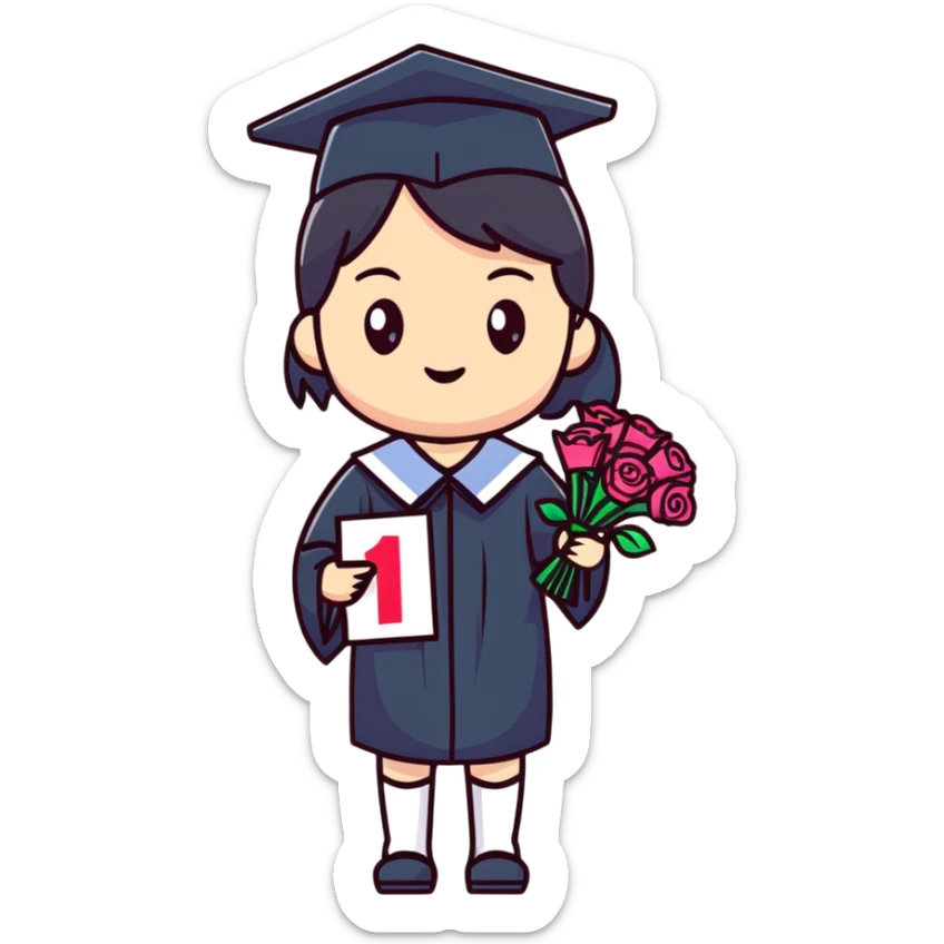 Cute Japanese high school girl in graduation ceremony with bouquet and diploma sticker