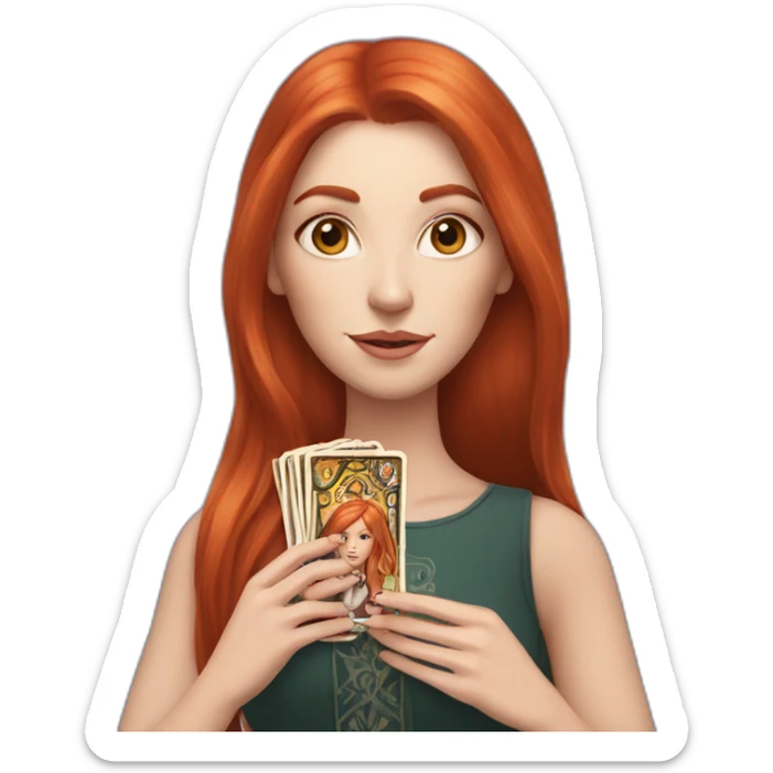 redhead white woman medium long straight hair, holding a tarot card in her hand sticker