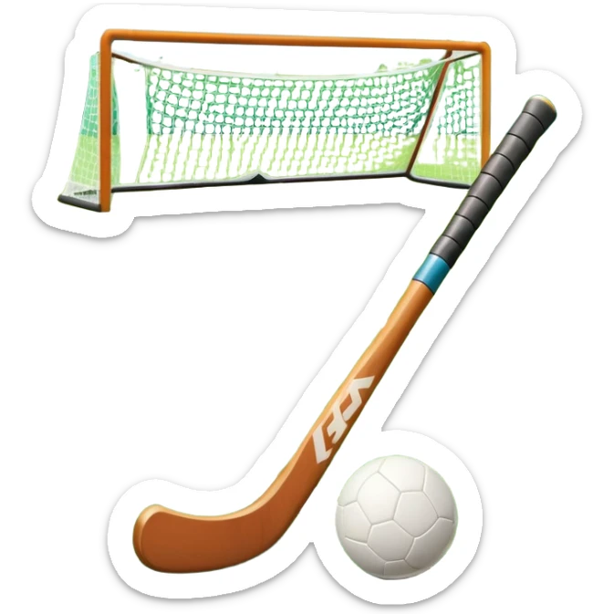 A field hockey stick and ball resting on a well-maintained green grass field, with the goalposts and markings visible in the background. The scene highlights the precision and focus of the sport, with the vibrant green pitch creating a dynamic atmosphere. sticker