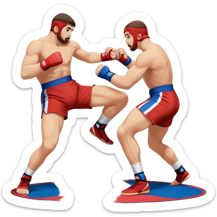 Two Sambo fighters in blue and red gis with shorts and wrestling shoes, executing gripping and throwing techniques. The fighters are engaged in a dynamic, action-packed moment with no strikes. The background features a wrestling mat, focusing on the technique and control. Transparent background  sticker