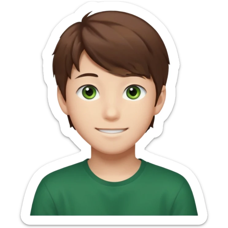 Discord emoji. the face of an Anime asian style teen boy with brown hair, green eyes, looking smiling slightly sideways positioned. Face must be main filling of the frame.  128px sticker