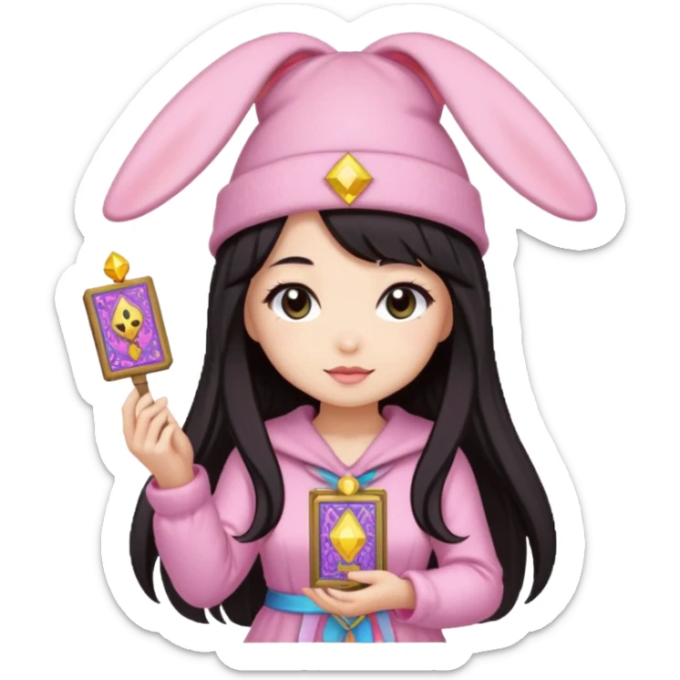 pixel art chibi asian girl with dark long hair in pink bunny hat magical girl with tarot cards thrown in air pixel emoji sticker