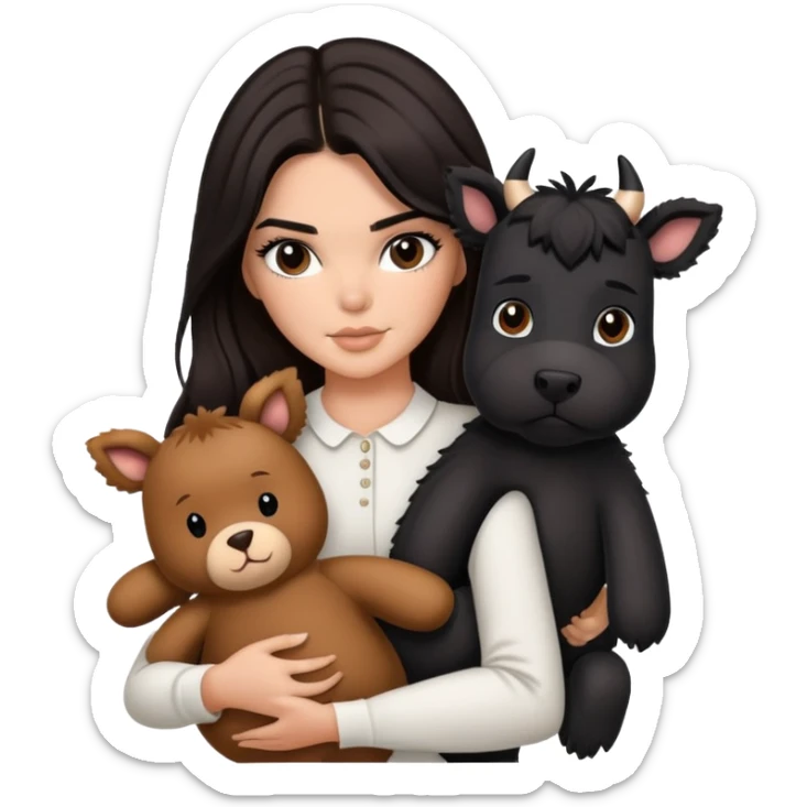 Kendall Jenner with long dark hair holding a brown teddy bear, a black schnauzer and a cow cat in her arms sticker