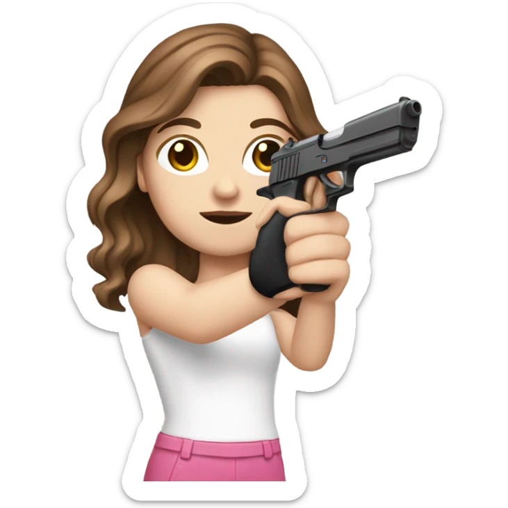 white girl with brown hair holding a pink gun  sticker